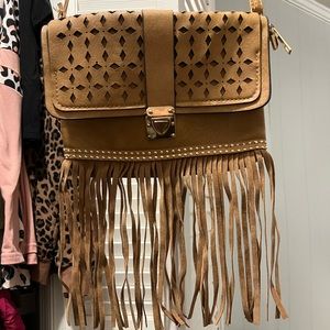 Brown fringe cross body purse
